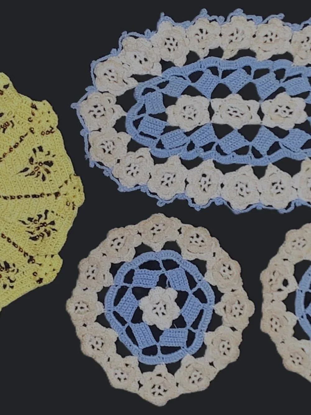 MCM Doilies Crocheted Blue & White Chair Accent Set Yellow w Glass Beads 18” Vtg